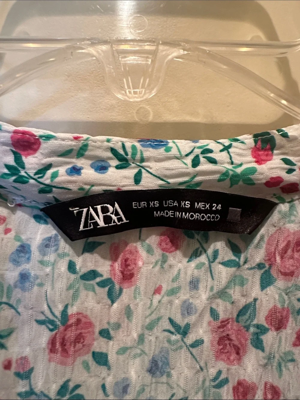 Zara White Blouse with Pink & Green Floral Print and Ruffled Collar